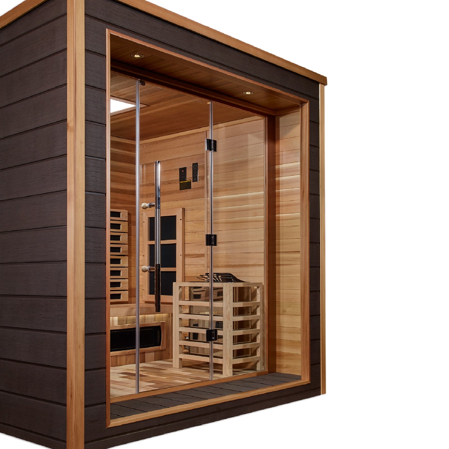 Golden Designs Visby 3 Person Hybrid (Full Spectrum IR or Traditional Stove) Outdoor Sauna - Canadian Red Cedar Interior