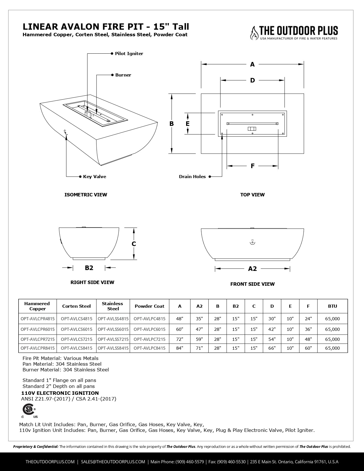 The Outdoor Plus Avalon Linear Metal Fire Pit - 15" Tall + Free Cover