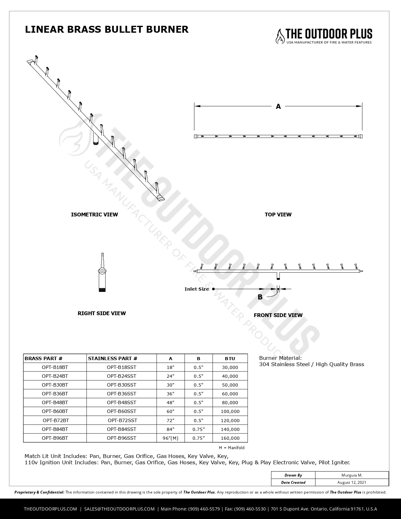 The Outdoor Plus -  Linear Bullet Burner - Brass / Stainless Steel