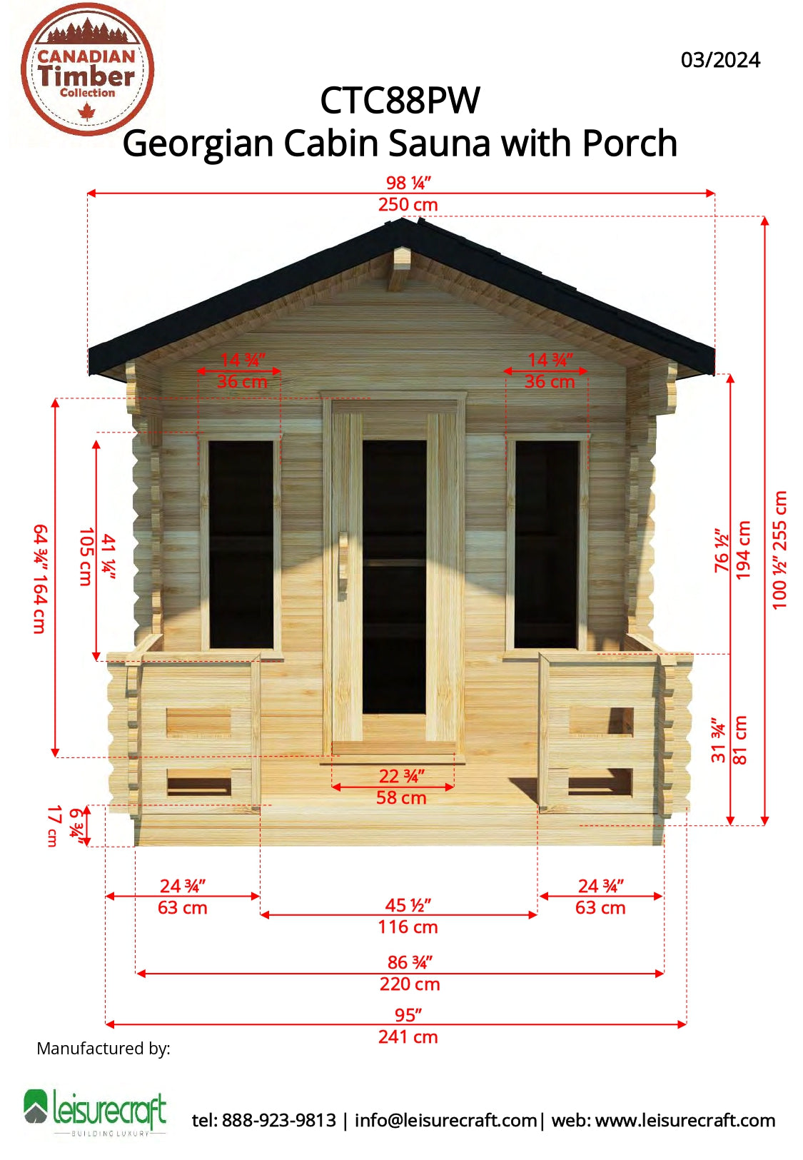 Dundalk Leisurecraft Georgian Cabin Sauna w/ Porch (2-6 people) - Wood Burning