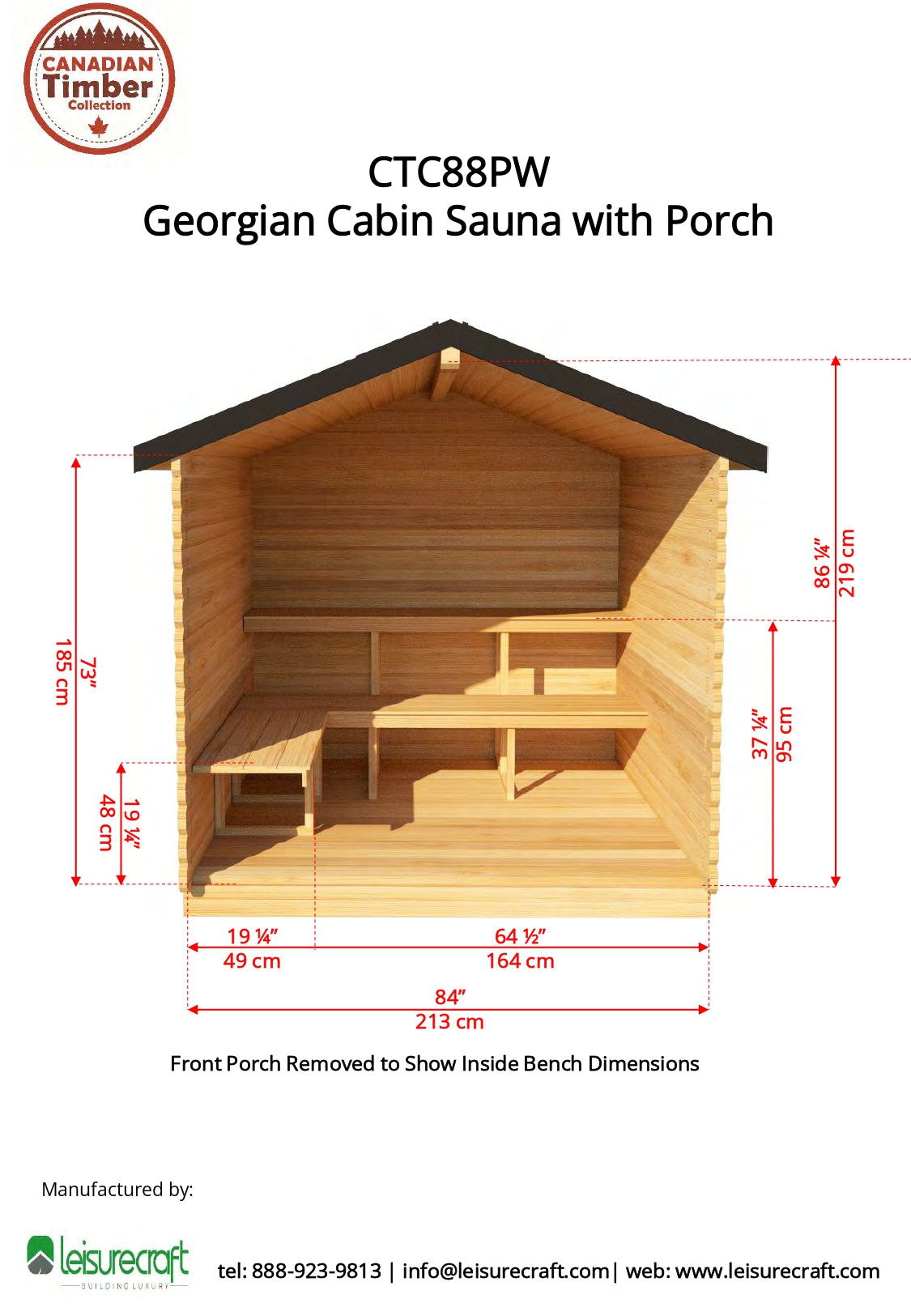 Dundalk Leisurecraft Georgian Cabin Sauna w/ Porch (2-6 people) - Wood Burning