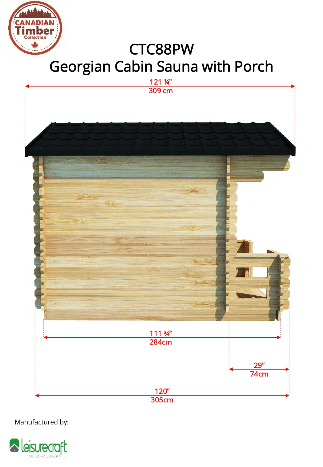 Dundalk Leisurecraft Georgian Cabin Sauna w/ Porch (2-6 people) - Wood Burning