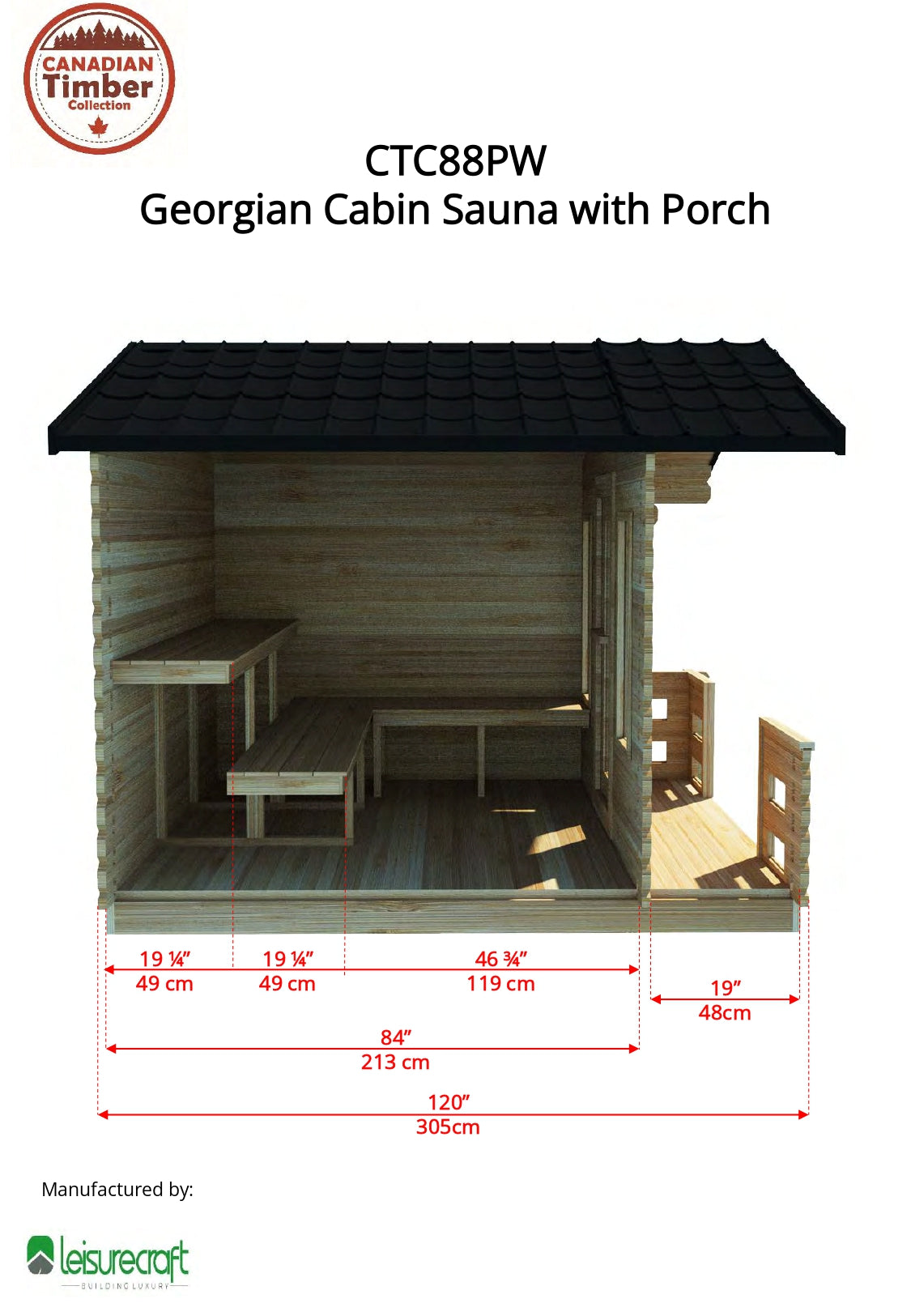 Dundalk Leisurecraft Georgian Cabin Sauna w/ Porch (2-6 people) - Wood Burning