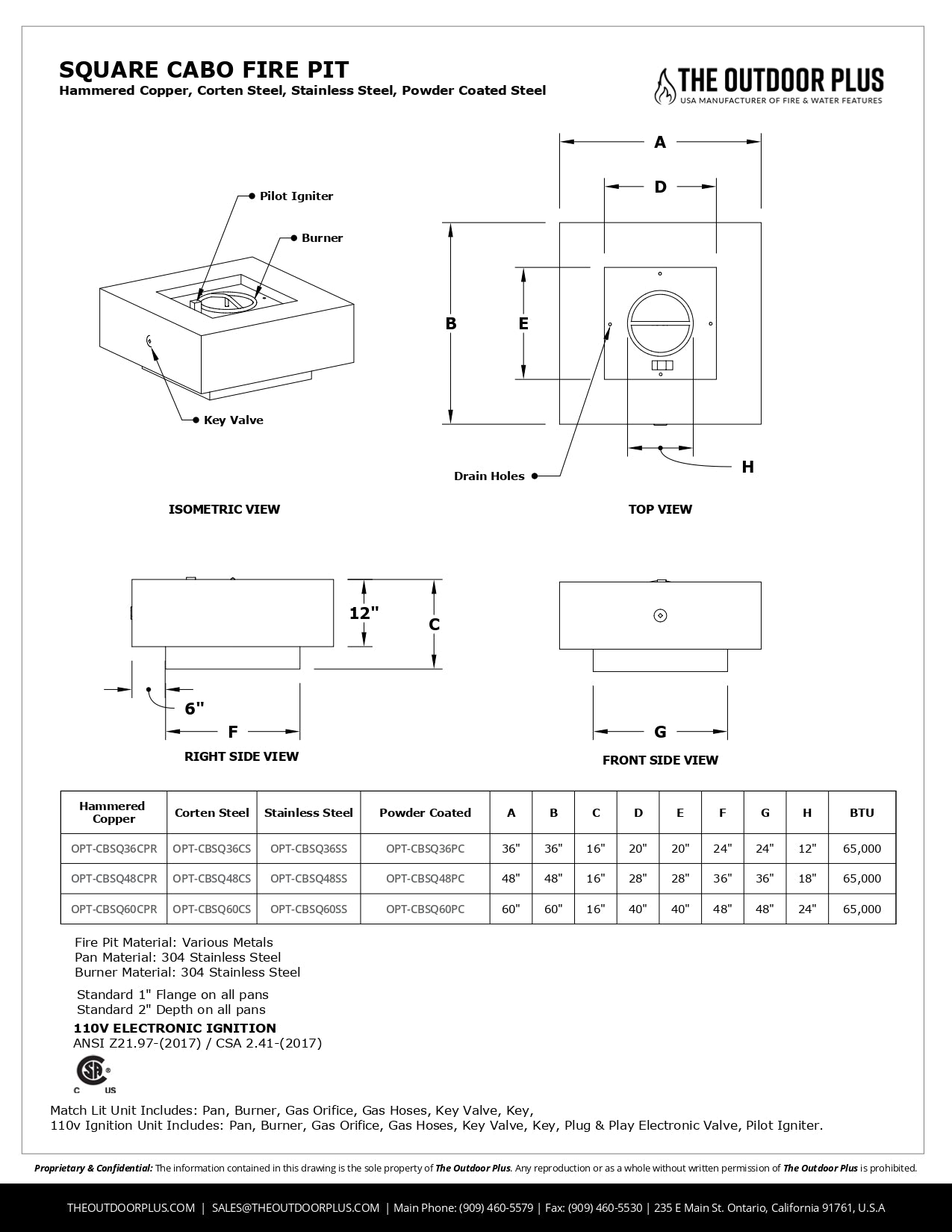 The Outdoor Plus Cabo Square Metal Fire Pit + Free Cover