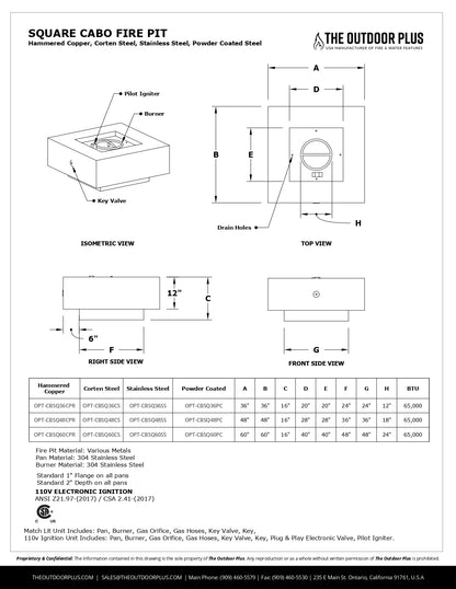 The Outdoor Plus Cabo Square Metal Fire Pit + Free Cover