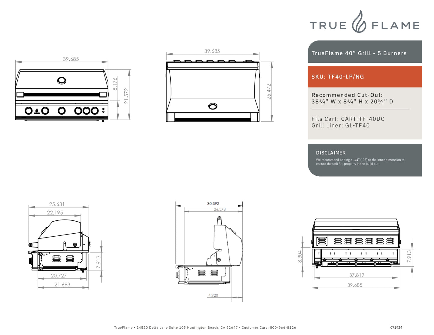 TrueFlame - 5 Burner Gas Grill - 40"