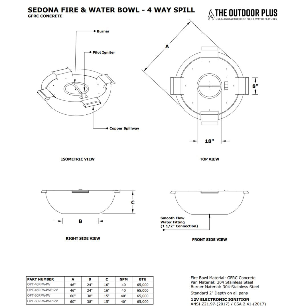 Sedona Concrete Fire & Water Bowl - 4 Way Spill by The Outdoor Plus - Free Cover Included