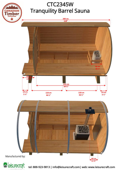 Dundalk Leisurecraft Tranquility Barrel Sauna (up to 8 people) - Wood Burning