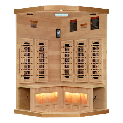 Golden Designs 3-Person Reserve Edition Corner Full Spectrum Infrared Sauna with Himalayan Salt Bar (Canadian Hemlock)