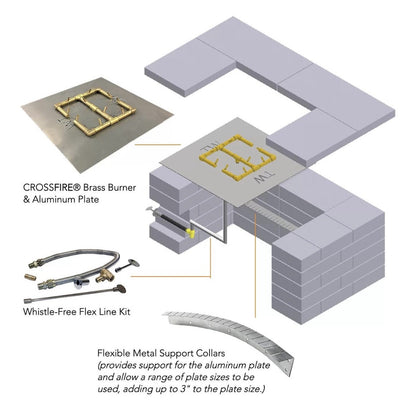 Installation diagram for the Warming Trends Crossfire 160K BTU H-Style burner and rectangular aluminum plate